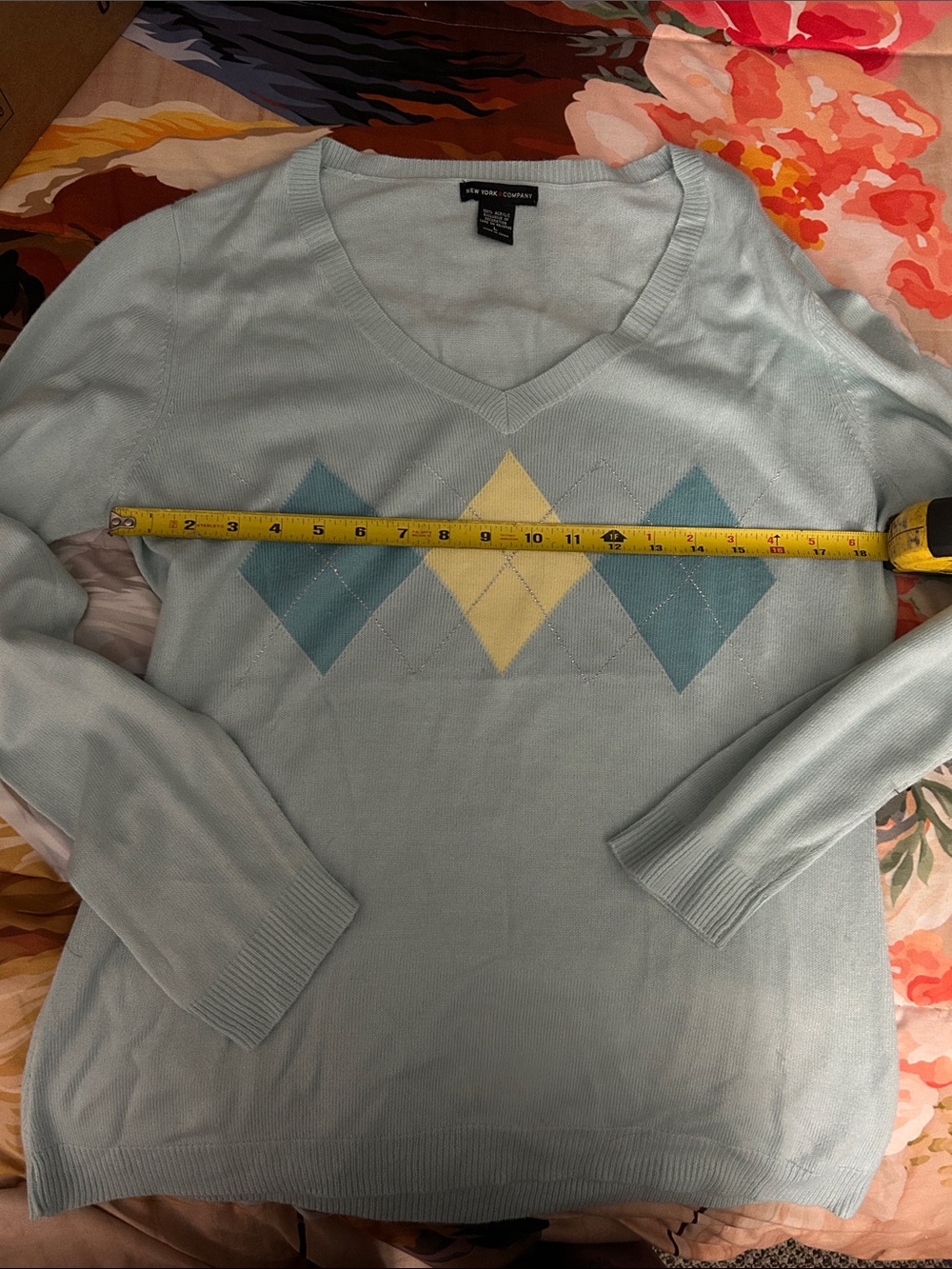 New York Company -Light Blue V-Neck Sweater with Blue and Yellow Argyle